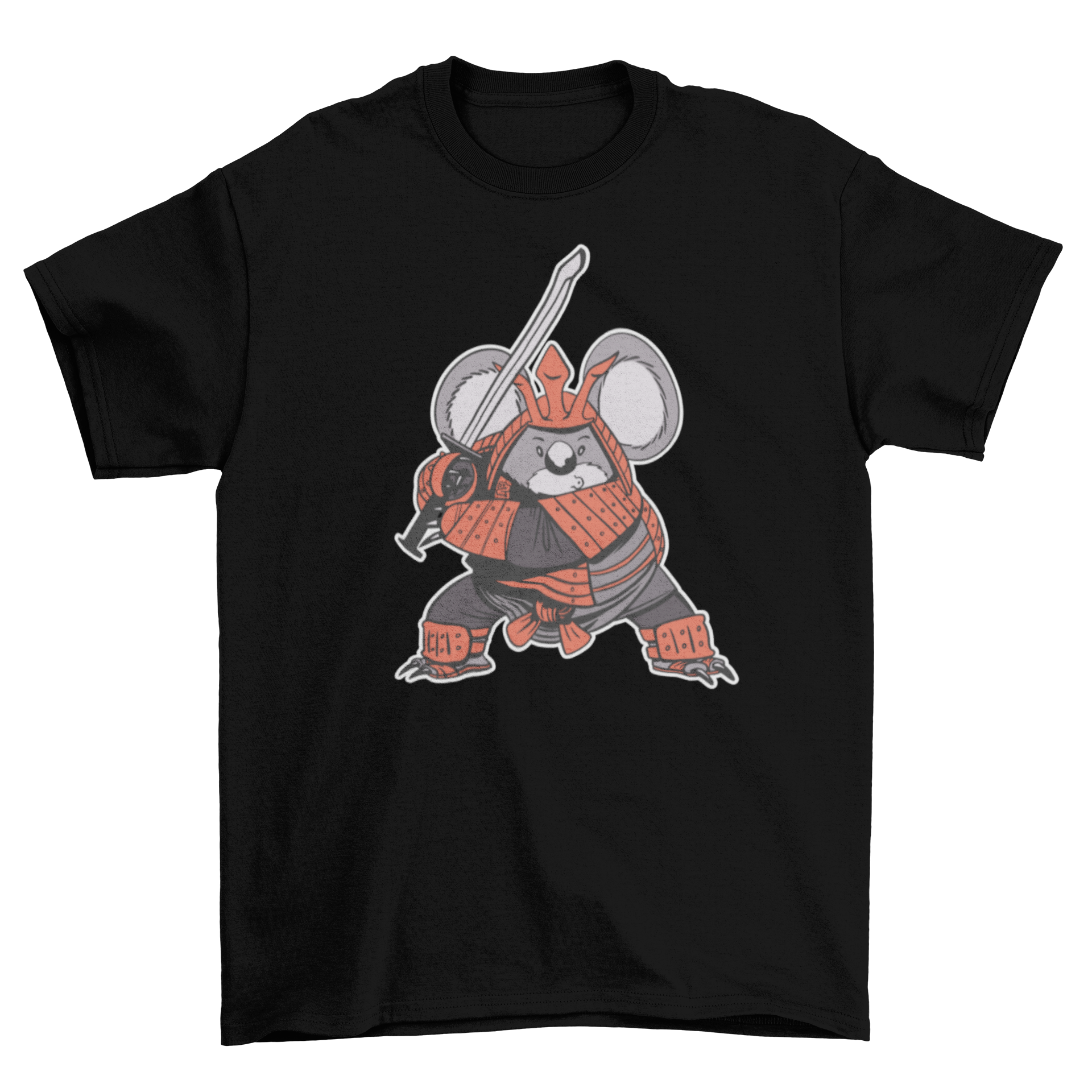 A stylish t-shirt featuring a koala dressed as a samurai, showcasing vibrant colors and intricate design.