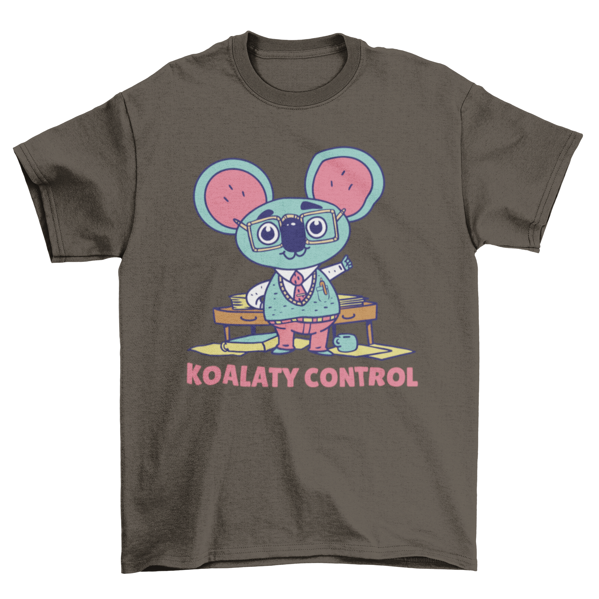 A stylish t-shirt featuring a nerdy koala design with glasses and the caption 'Koalaty Control', perfect for casual wear.