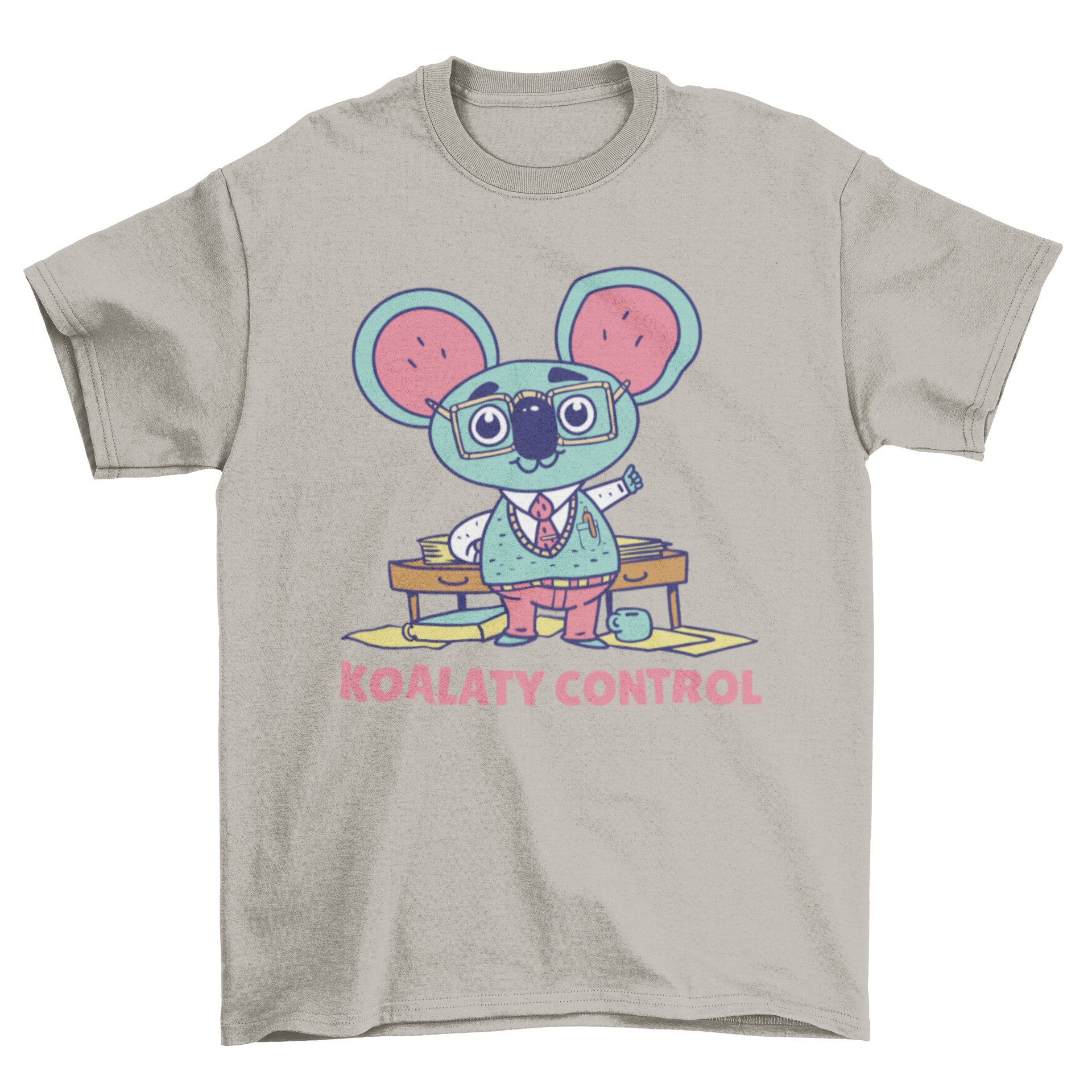 A stylish t-shirt featuring a nerdy koala design with glasses and the caption 'Koalaty Control', perfect for casual wear.