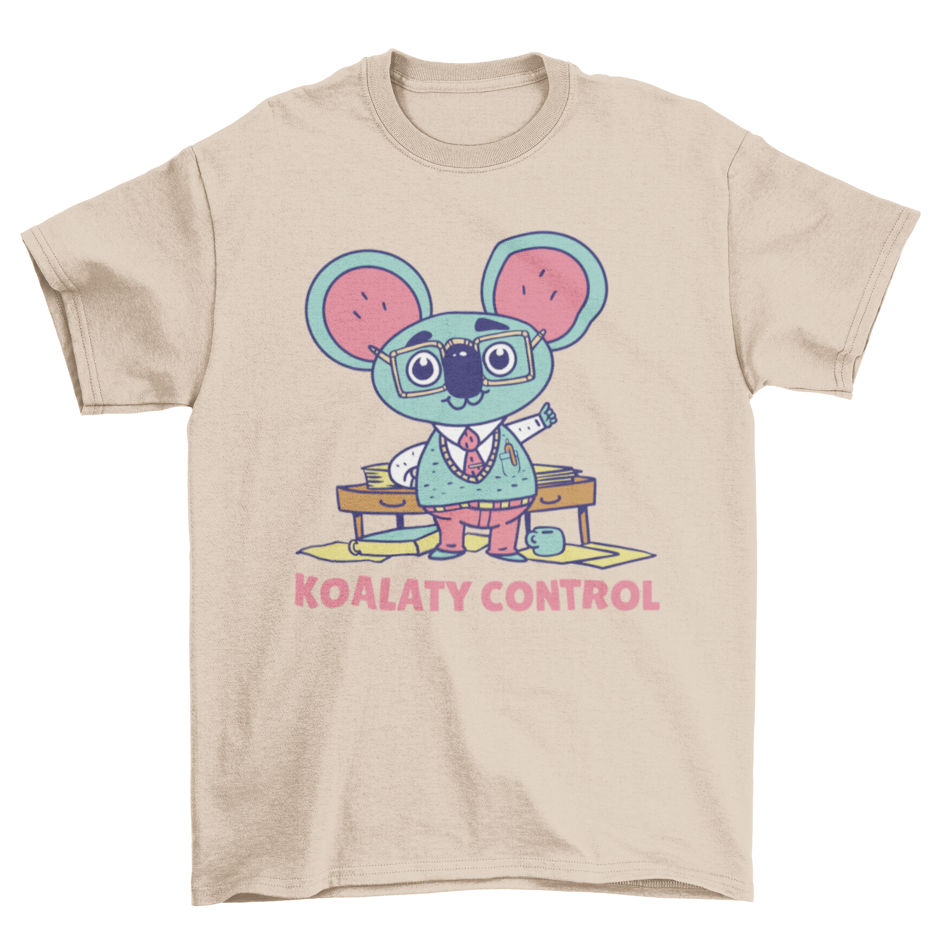 A stylish t-shirt featuring a nerdy koala design with glasses and the caption 'Koalaty Control', perfect for casual wear.