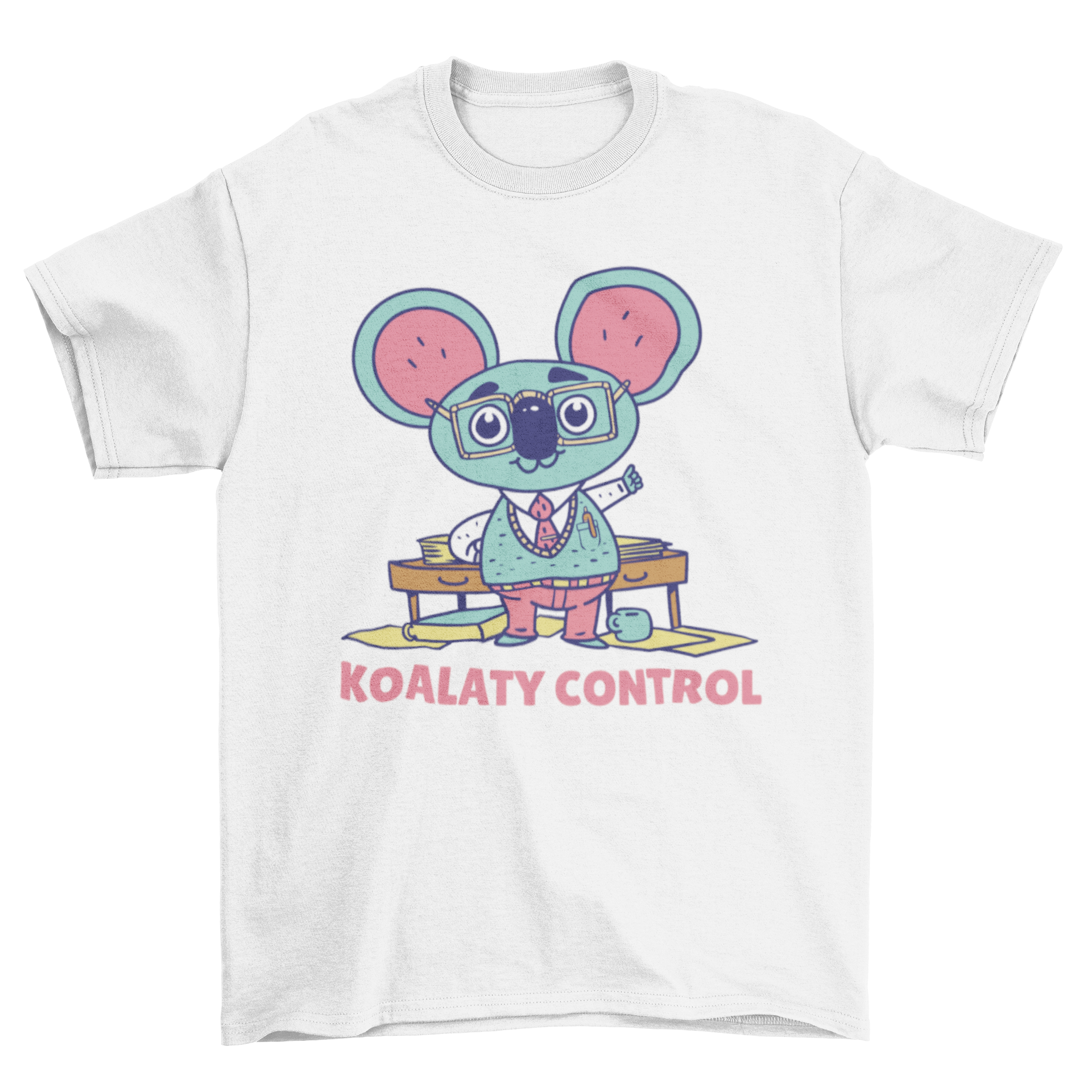 A stylish t-shirt featuring a nerdy koala design with glasses and the caption 'Koalaty Control', perfect for casual wear.