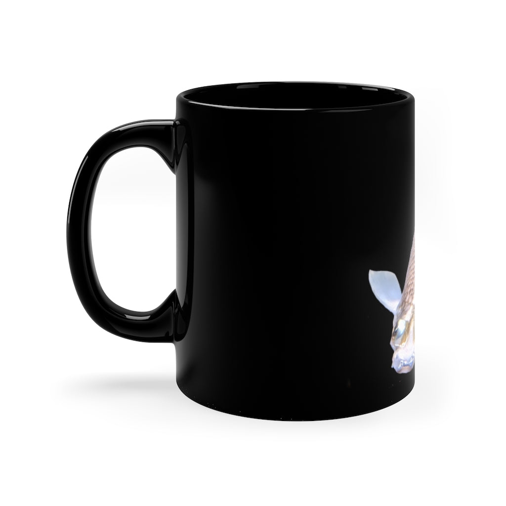 Koi Fish 11oz Black Mug with a sleek design, perfect for coffee, tea, or hot chocolate.