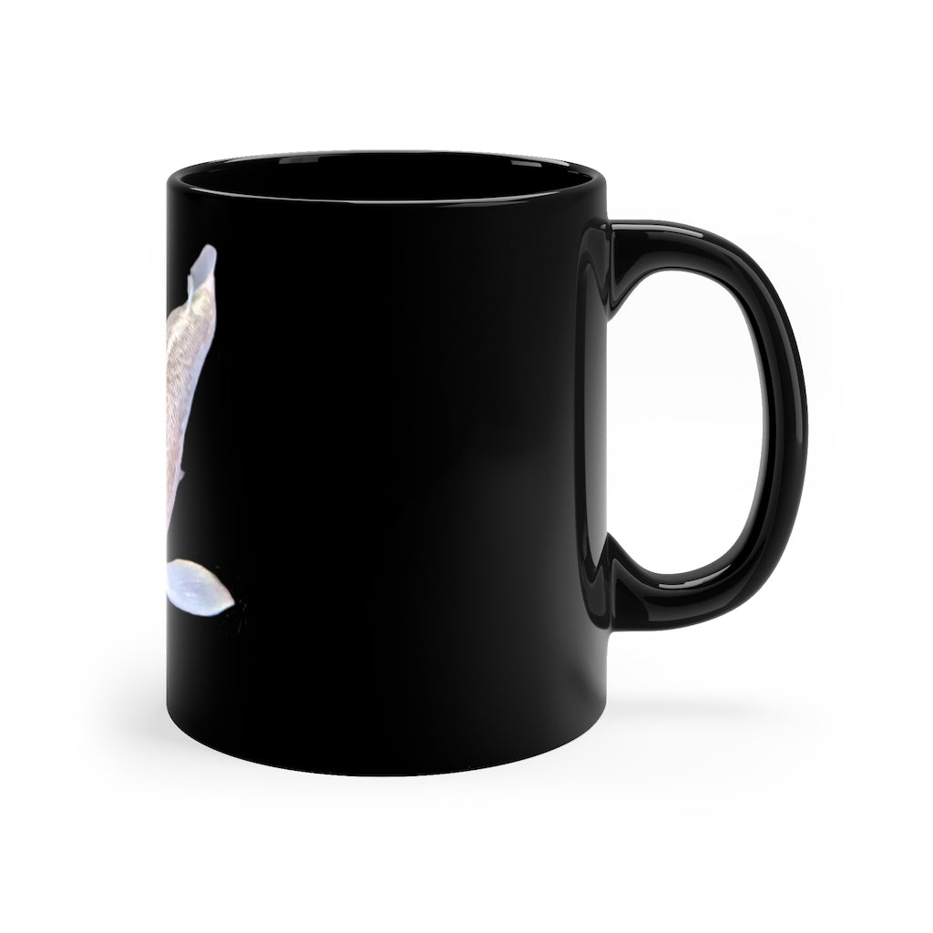 Koi Fish 11oz Black Mug with a sleek design, perfect for coffee, tea, or hot chocolate.