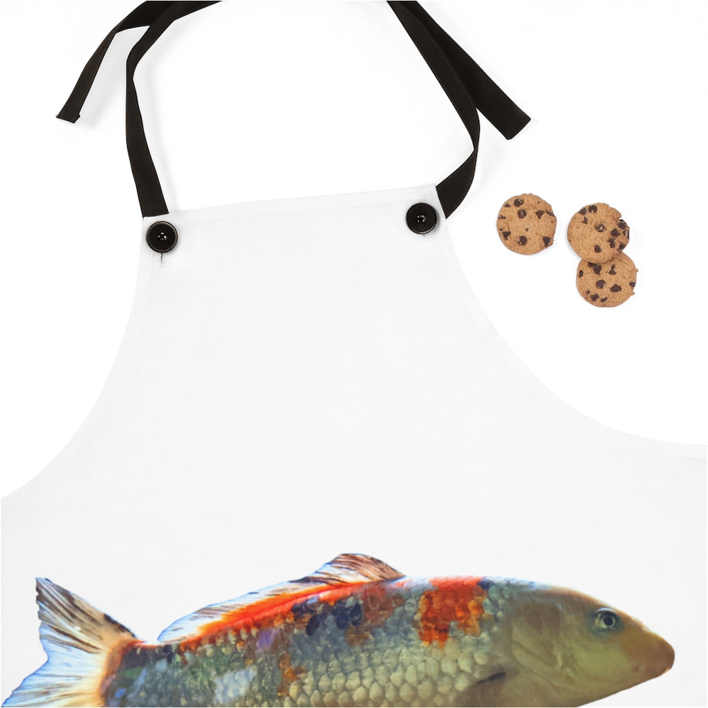 Koi Fish Apron featuring a vibrant Koi Fish design, lightweight polyester material, and black detachable twill straps.