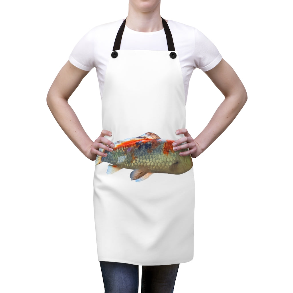 Koi Fish Apron featuring a vibrant Koi Fish design, lightweight polyester material, and black detachable twill straps.