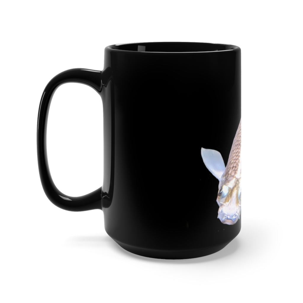 A stylish 15oz black ceramic mug featuring a vibrant koi fish design, perfect for coffee and tea lovers.