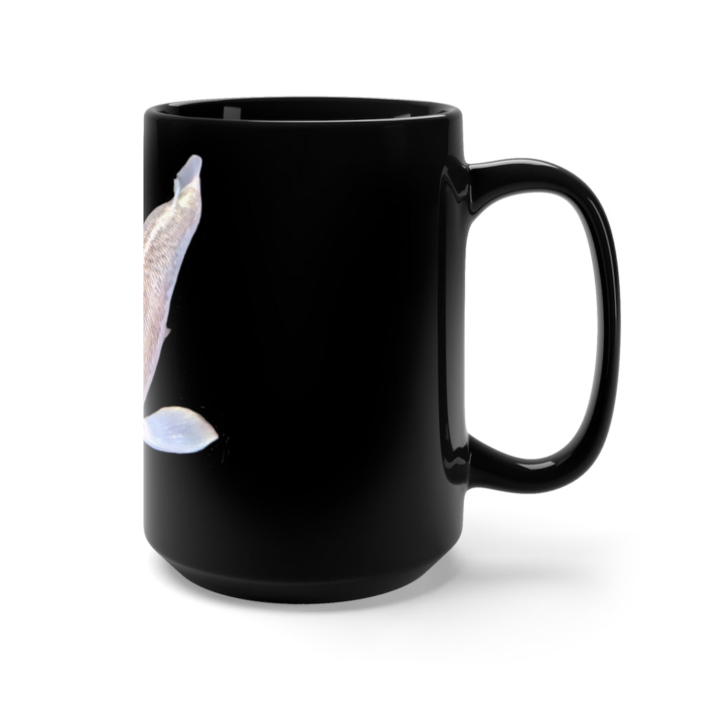 A stylish 15oz black ceramic mug featuring a vibrant koi fish design, perfect for coffee and tea lovers.