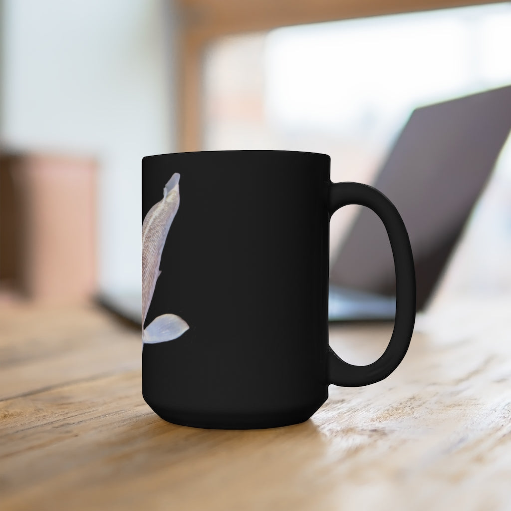 A stylish 15oz black ceramic mug featuring a vibrant koi fish design, perfect for coffee and tea lovers.