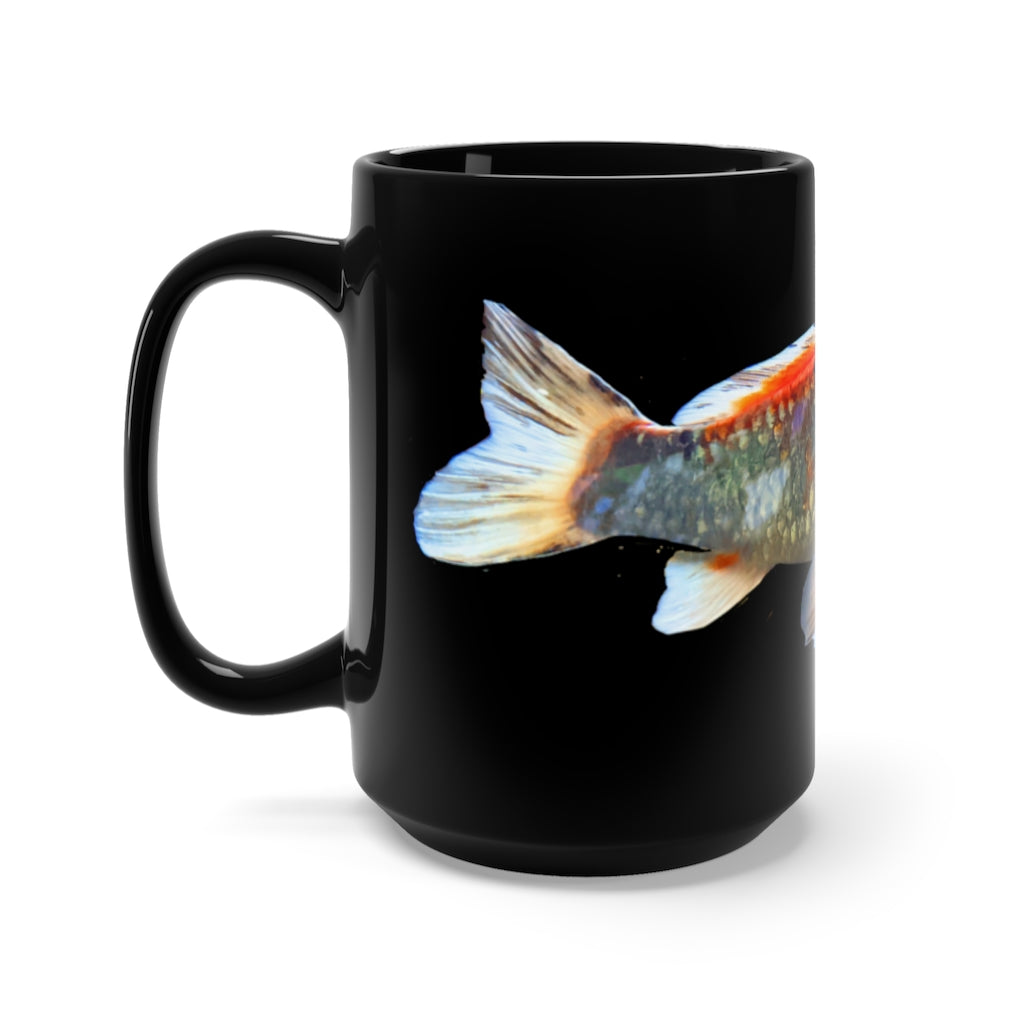 A stylish 15oz black ceramic mug featuring a vibrant Koi fish design, perfect for coffee and tea lovers.