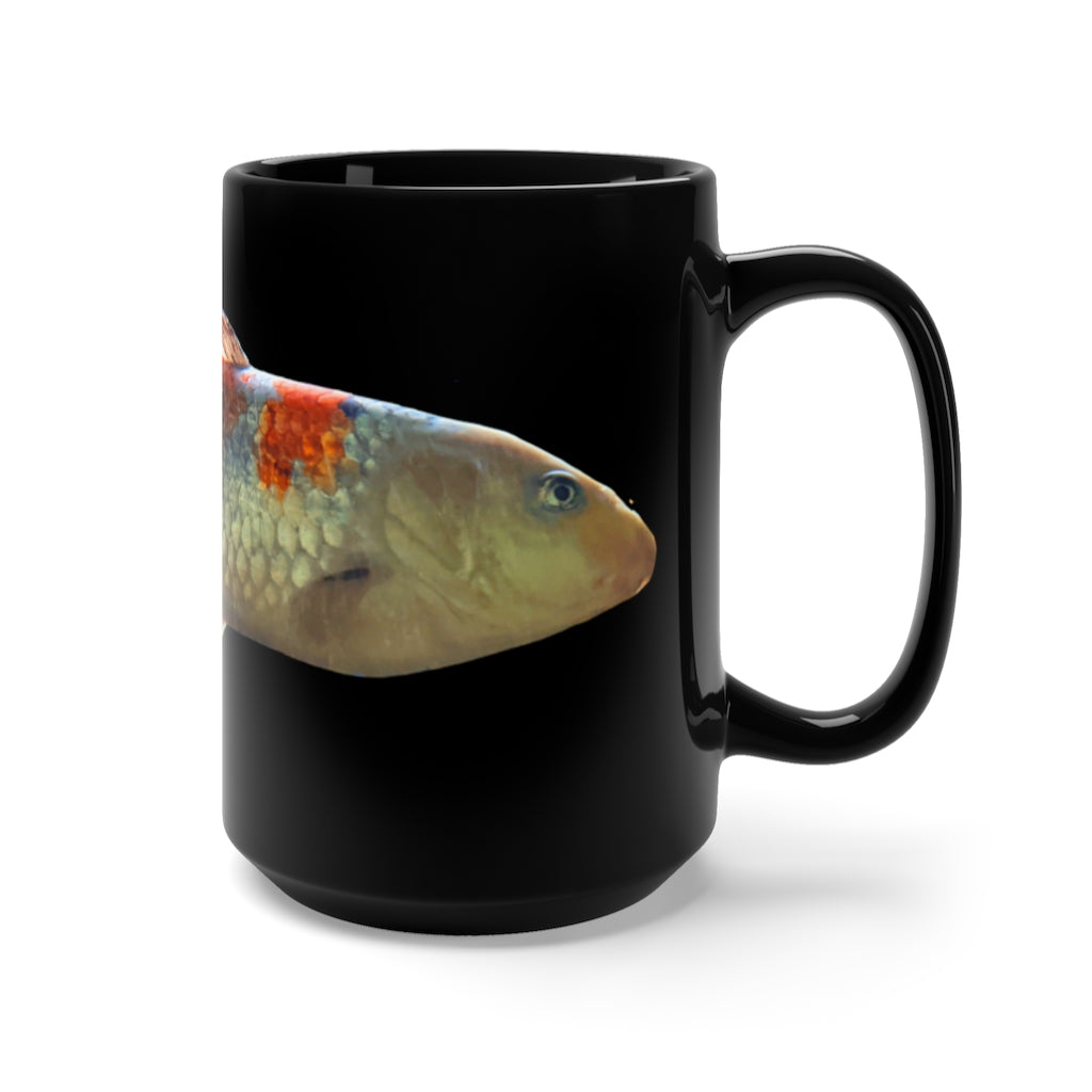 A stylish 15oz black ceramic mug featuring a vibrant Koi fish design, perfect for coffee and tea lovers.