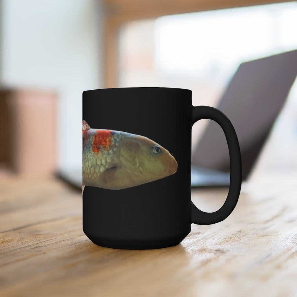 A stylish 15oz black ceramic mug featuring a vibrant Koi fish design, perfect for coffee and tea lovers.