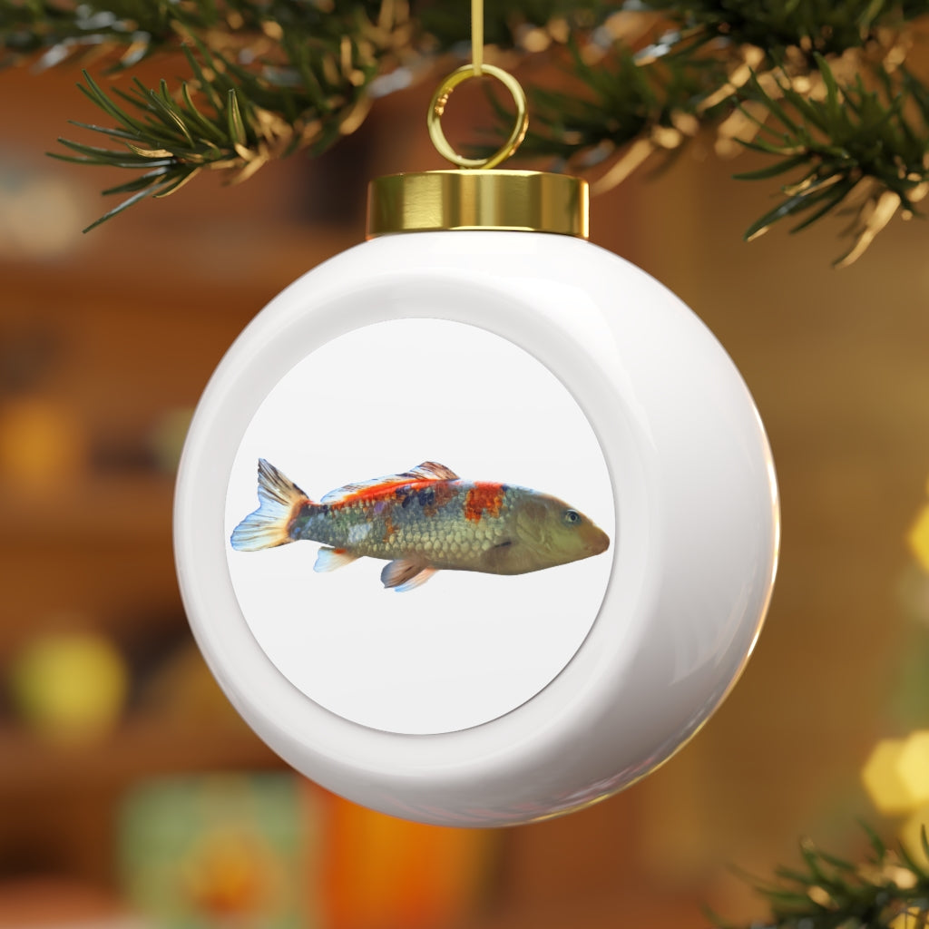 A beautifully crafted Koi Fish Christmas Ball Ornament featuring a glossy ceramic finish and a gold ribbon for hanging, showcasing a vintage style.