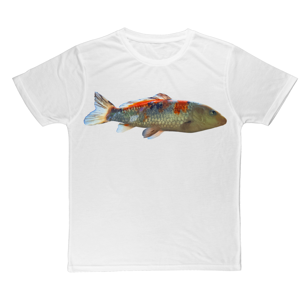 Koi Fish Classic Sublimation Adult T-Shirt featuring a vibrant koi fish design on a soft polyester fabric.