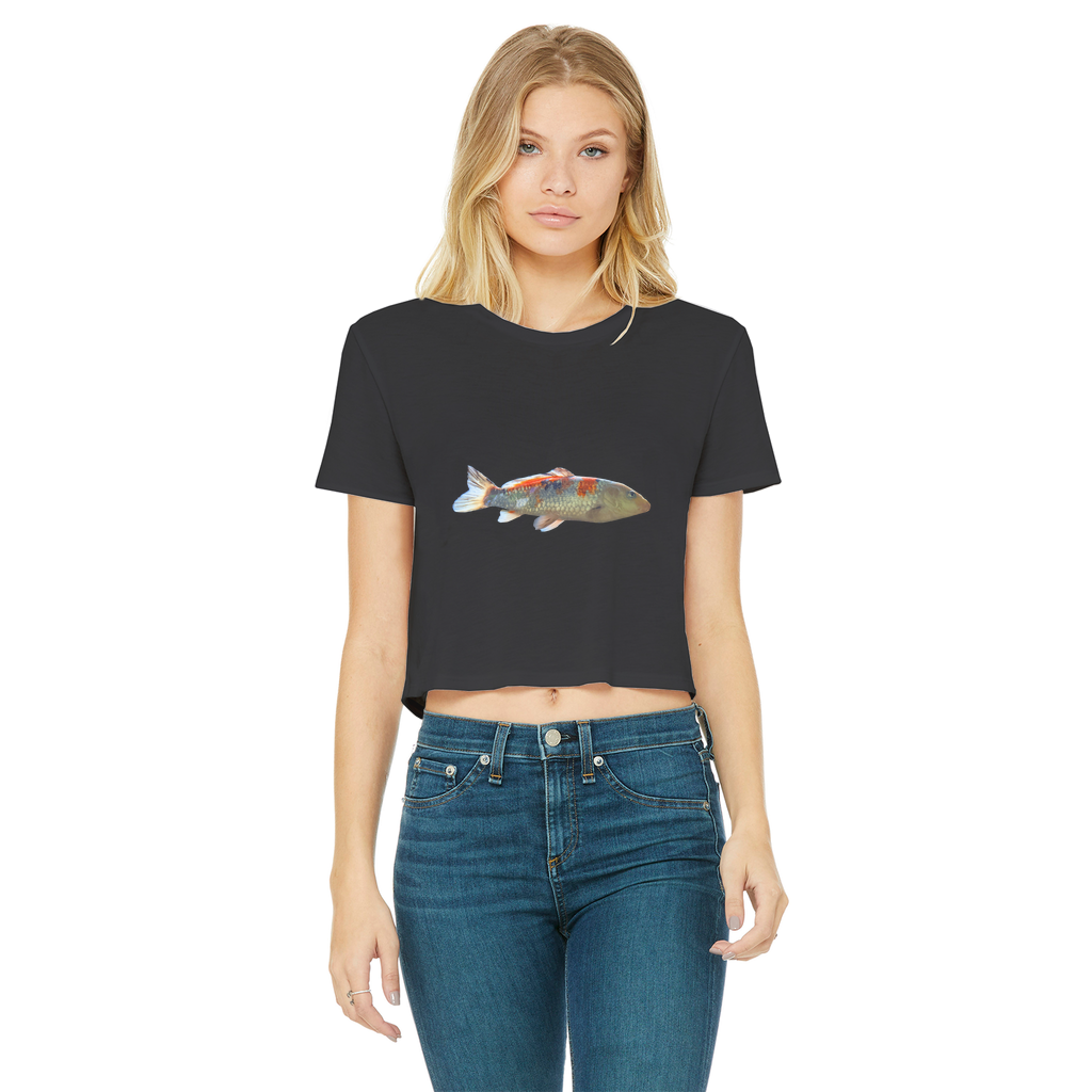 Koi Fish Classic Women's Cropped Raw Edge T-Shirt featuring a round neck and raw edge hem in a stylish design.