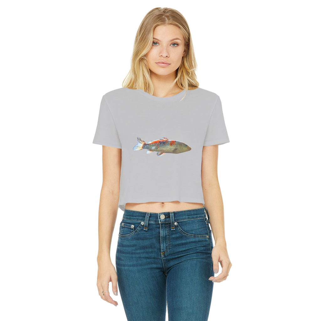 Koi Fish Classic Women's Cropped Raw Edge T-Shirt featuring a round neck and raw edge hem in a stylish design.