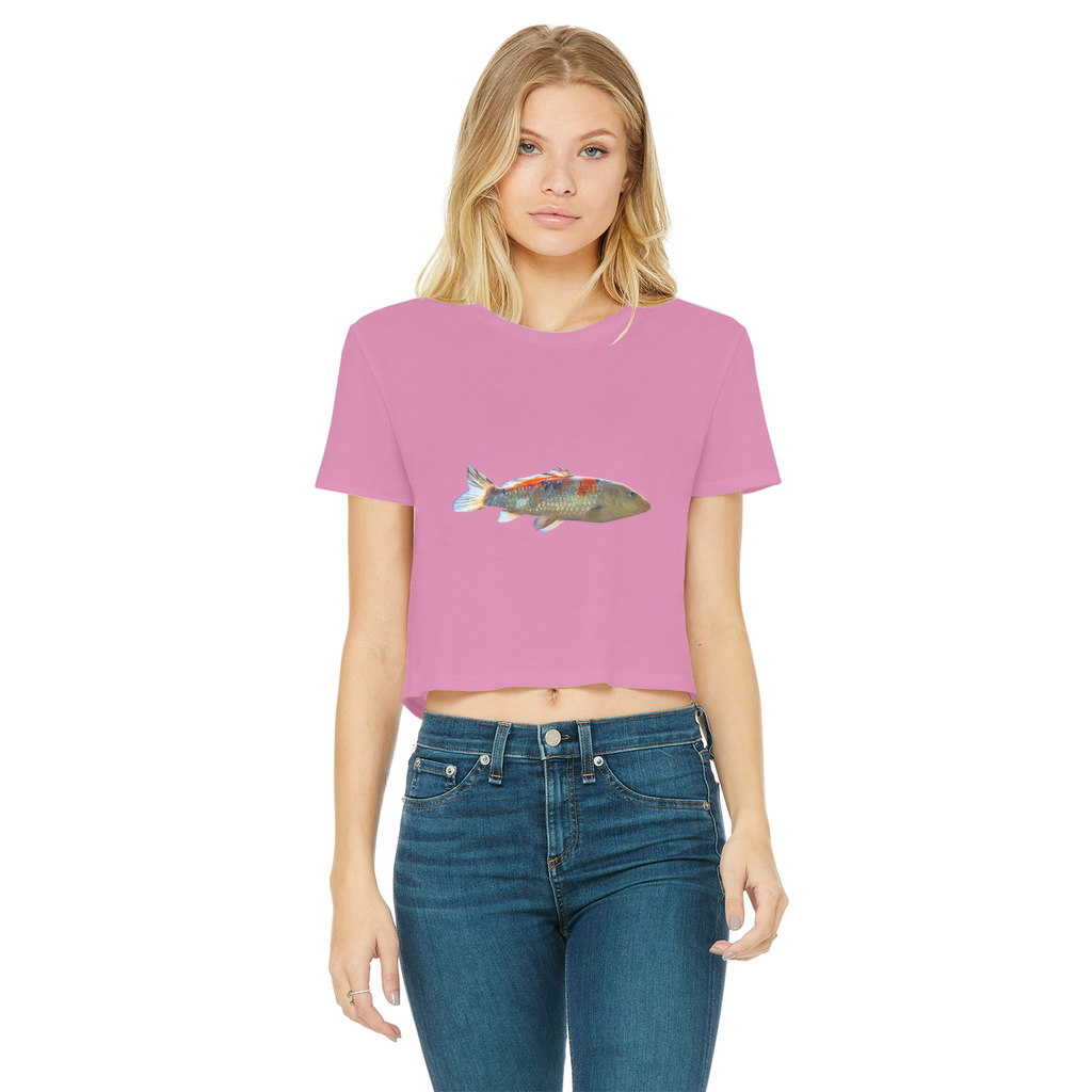 Koi Fish Classic Women's Cropped Raw Edge T-Shirt featuring a round neck and raw edge hem in a stylish design.