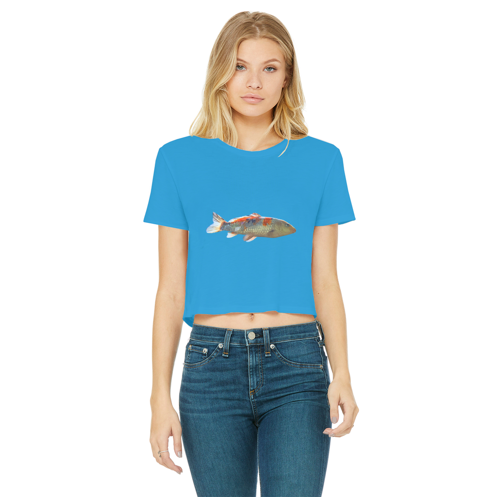 Koi Fish Classic Women's Cropped Raw Edge T-Shirt featuring a round neck and raw edge hem in a stylish design.