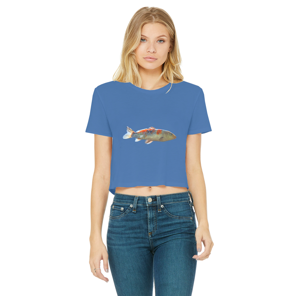 Koi Fish Classic Women's Cropped Raw Edge T-Shirt featuring a round neck and raw edge hem in a stylish design.