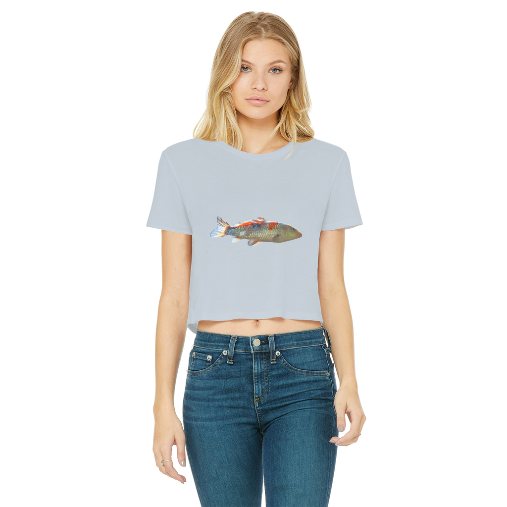 Koi Fish Classic Women's Cropped Raw Edge T-Shirt featuring a round neck and raw edge hem in a stylish design.