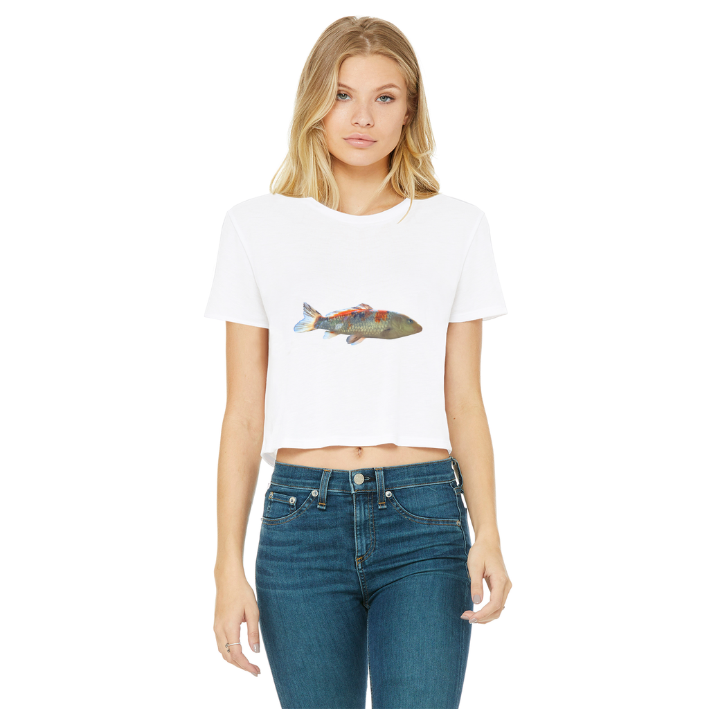 Koi Fish Classic Women's Cropped Raw Edge T-Shirt featuring a round neck and raw edge hem in a stylish design.