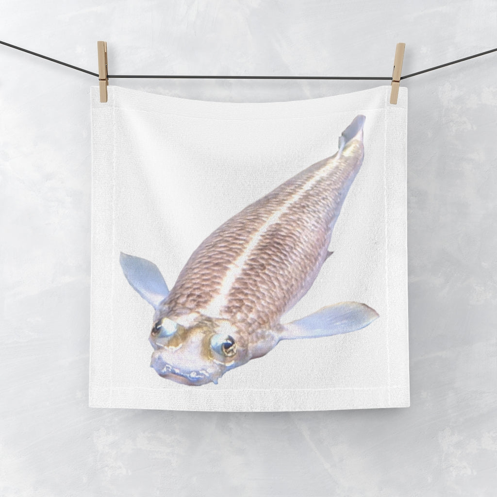 Koi Fish Face Towel featuring a vibrant design on a soft polyester front and absorbent cotton back, perfect for customization.