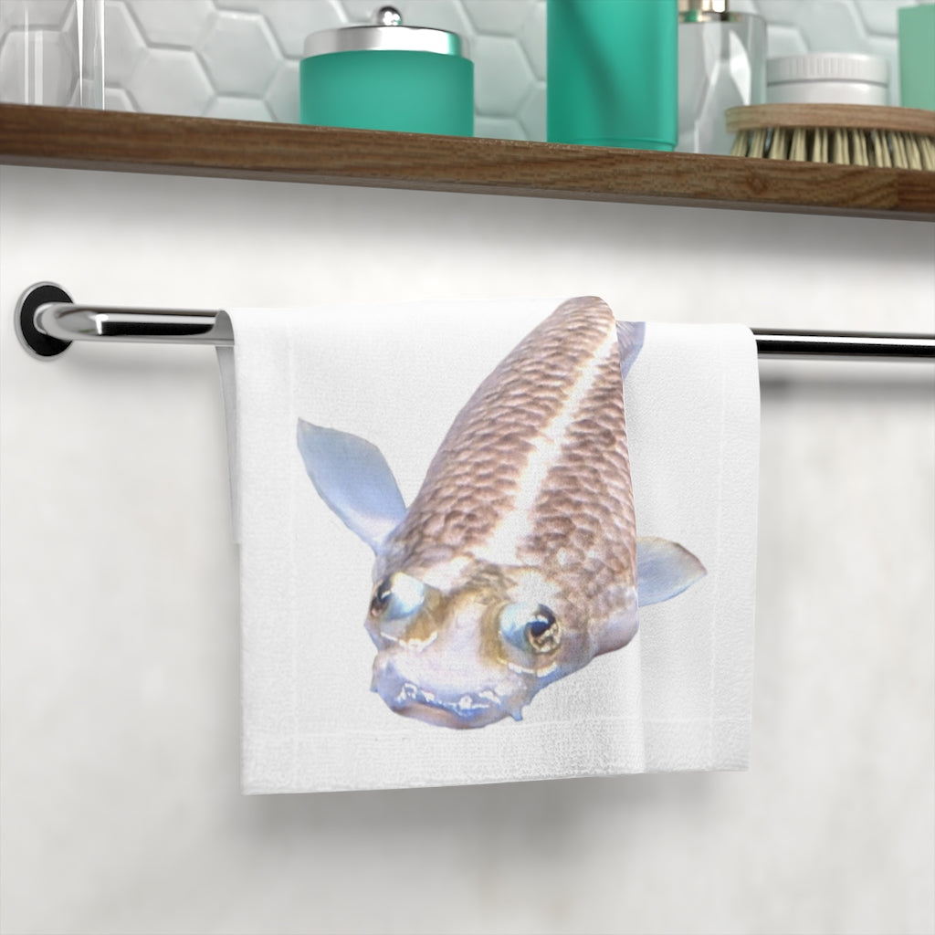 Koi Fish Face Towel featuring a vibrant design on a soft polyester front and absorbent cotton back, perfect for customization.