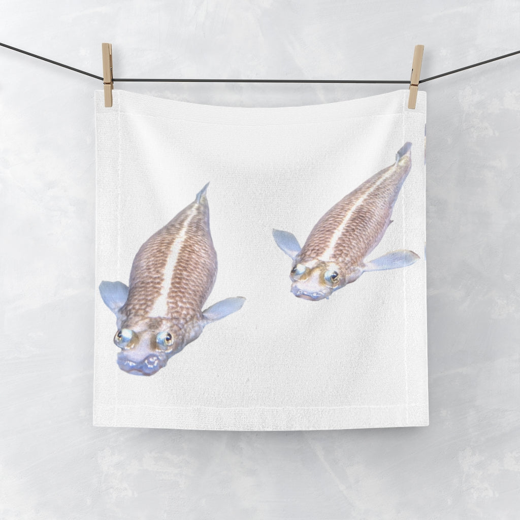 Koi Fish Face Towel featuring a vibrant koi fish design on a soft polyester front and absorbent cotton back.