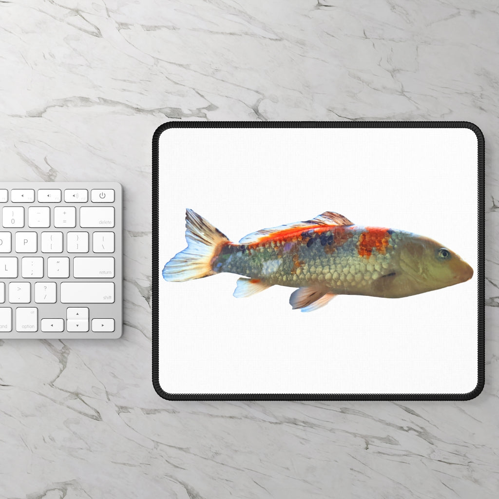 Koi Fish Gaming Mouse Pad with vibrant colors and stitched edges, measuring 9x7 inches, perfect for gaming and work.