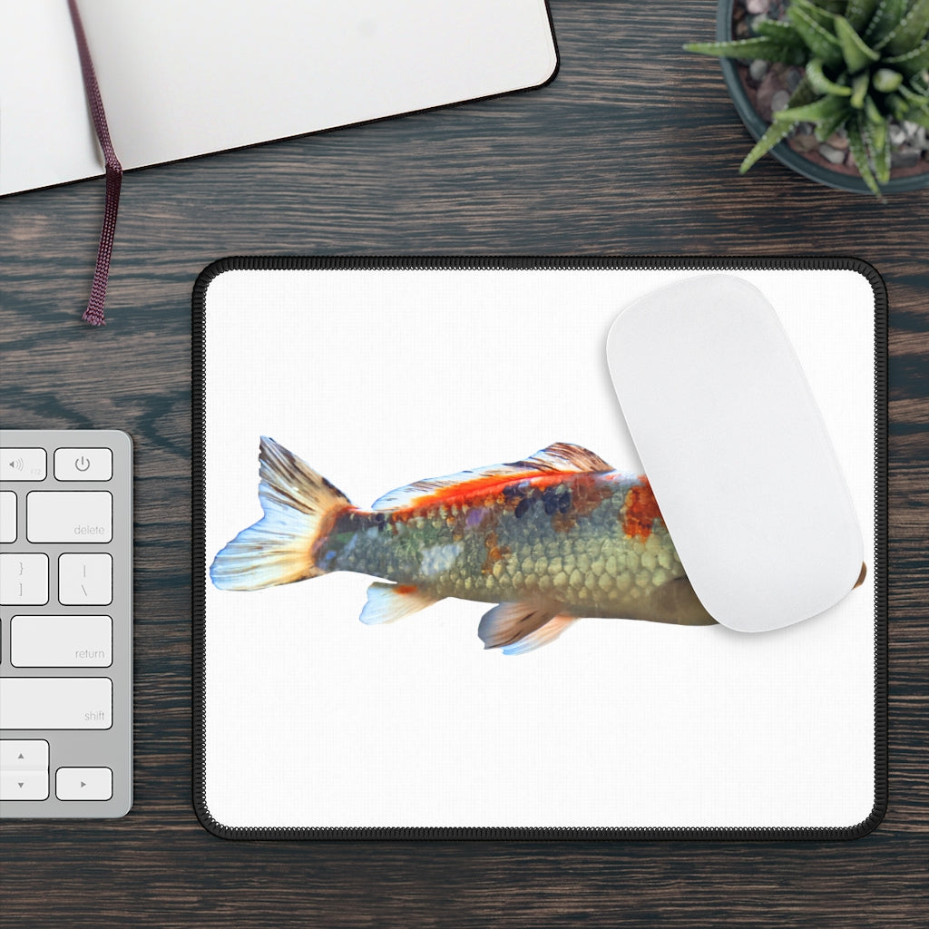 Koi Fish Gaming Mouse Pad with vibrant colors and stitched edges, measuring 9x7 inches, perfect for gaming and work.