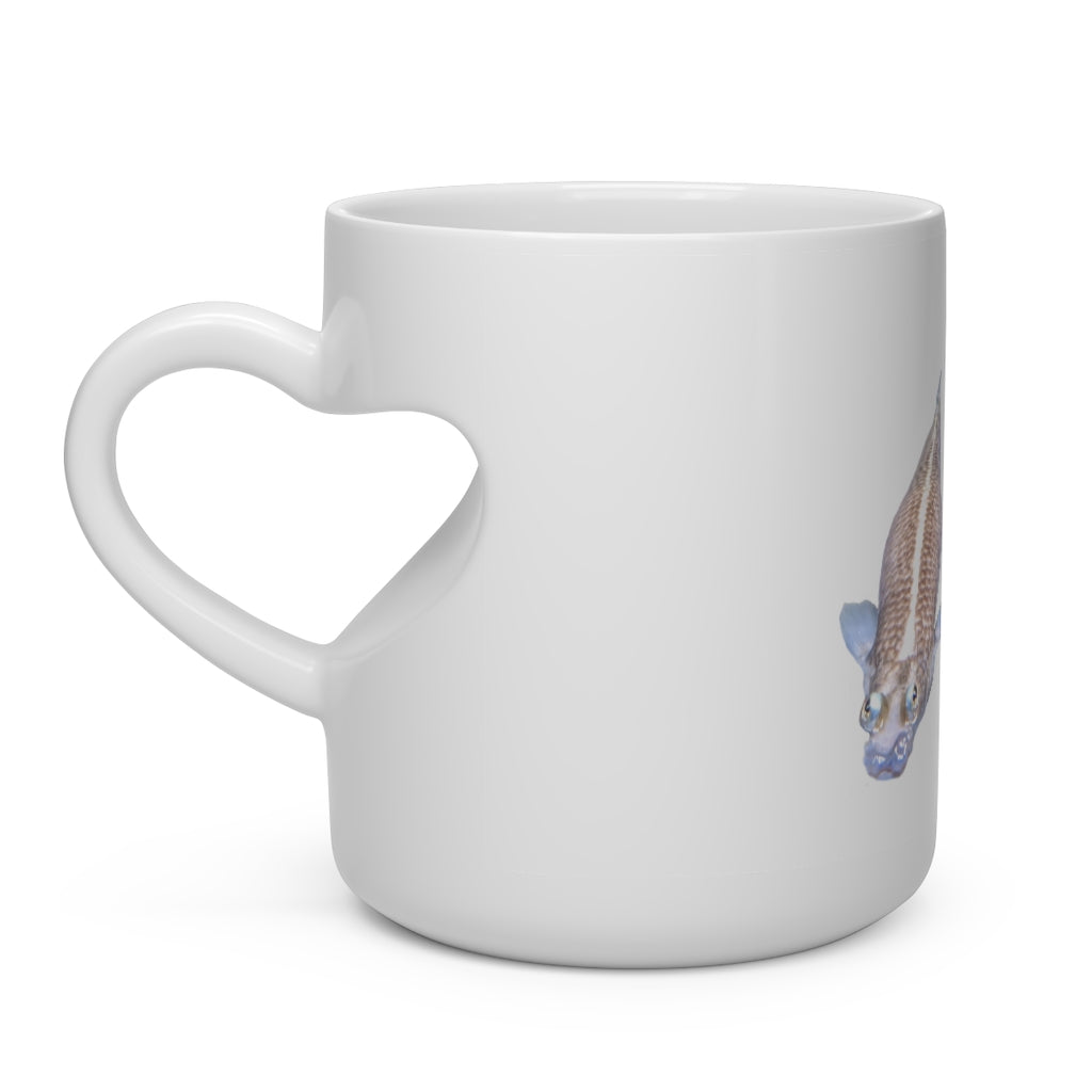 A white ceramic heart-shaped mug with a Koi fish design and a heart-shaped handle, perfect for hot beverages.