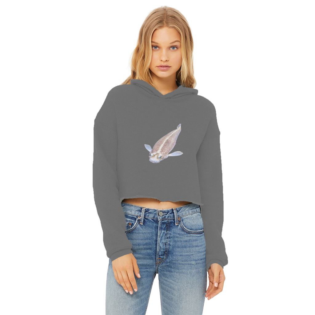 Koi Fish Ladies Cropped Raw Edge Hoodie featuring a stylish cropped design, soft fabric, and raw edge hem.