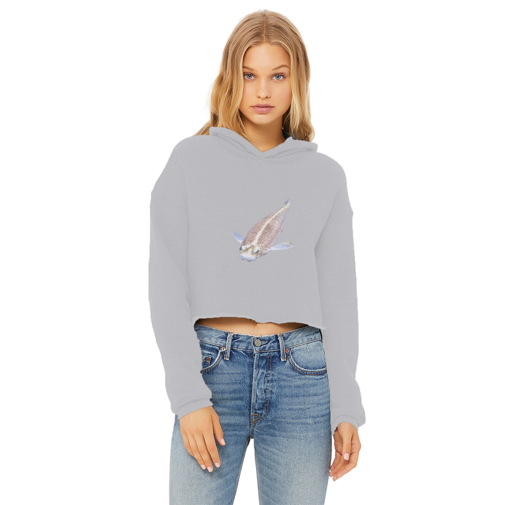 Koi Fish Ladies Cropped Raw Edge Hoodie featuring a stylish cropped design, soft fabric, and raw edge hem.