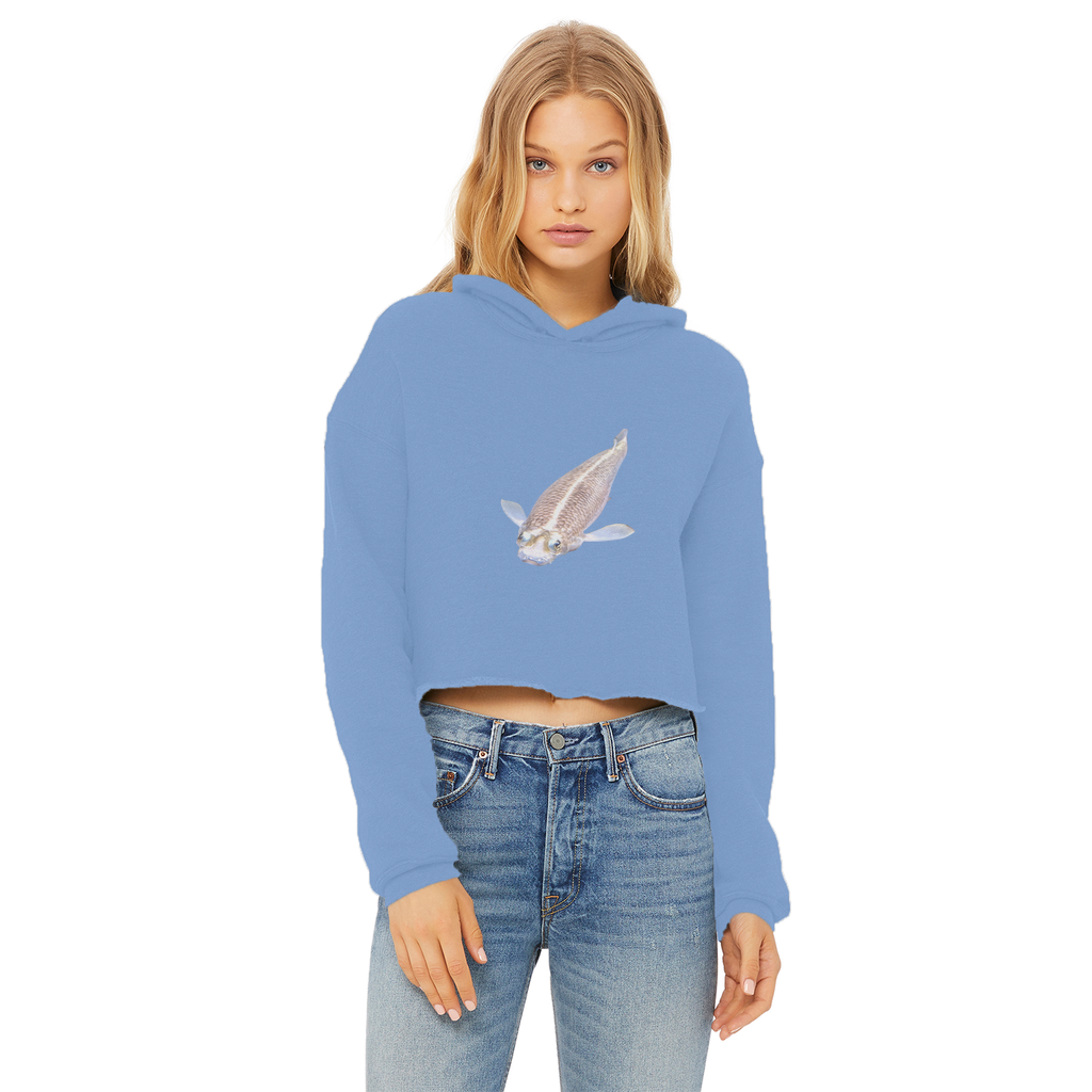 Koi Fish Ladies Cropped Raw Edge Hoodie featuring a stylish cropped design, soft fabric, and raw edge hem.