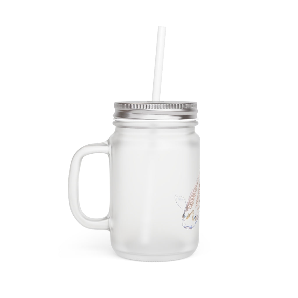 A personalized Koi Fish Mason Jar made of frosted glass, featuring a straw and lid, ideal for drinks.