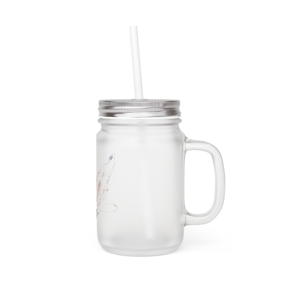 A personalized Koi Fish Mason Jar made of frosted glass, featuring a straw and lid, ideal for drinks.