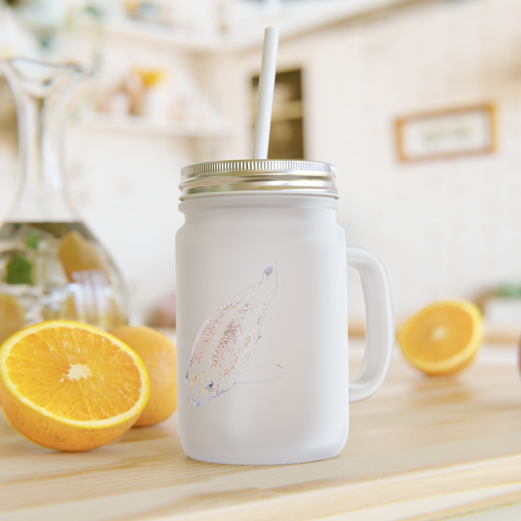 A personalized Koi Fish Mason Jar made of frosted glass, featuring a straw and lid, ideal for drinks.