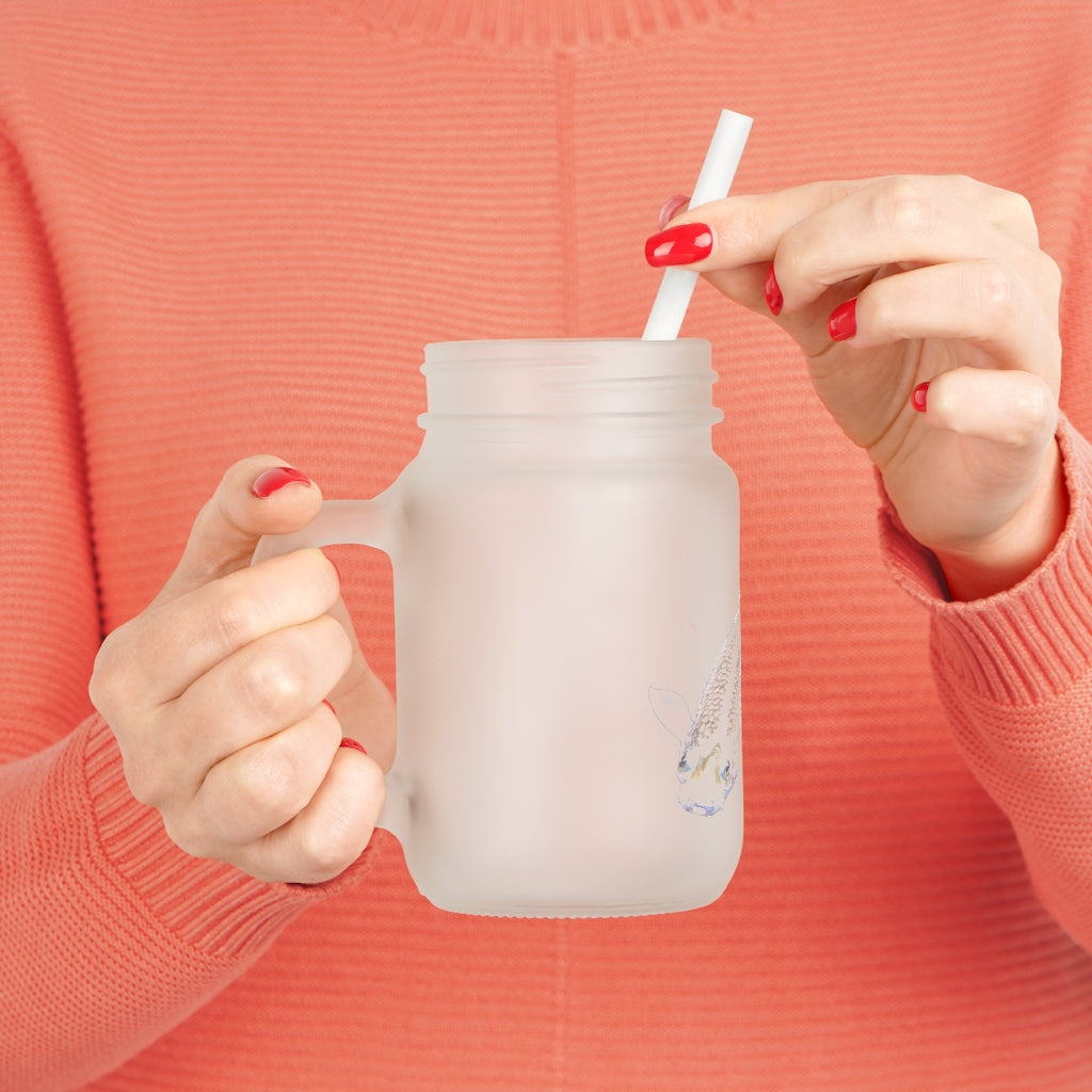 A personalized Koi Fish Mason Jar made of frosted glass, featuring a straw and lid, ideal for drinks.