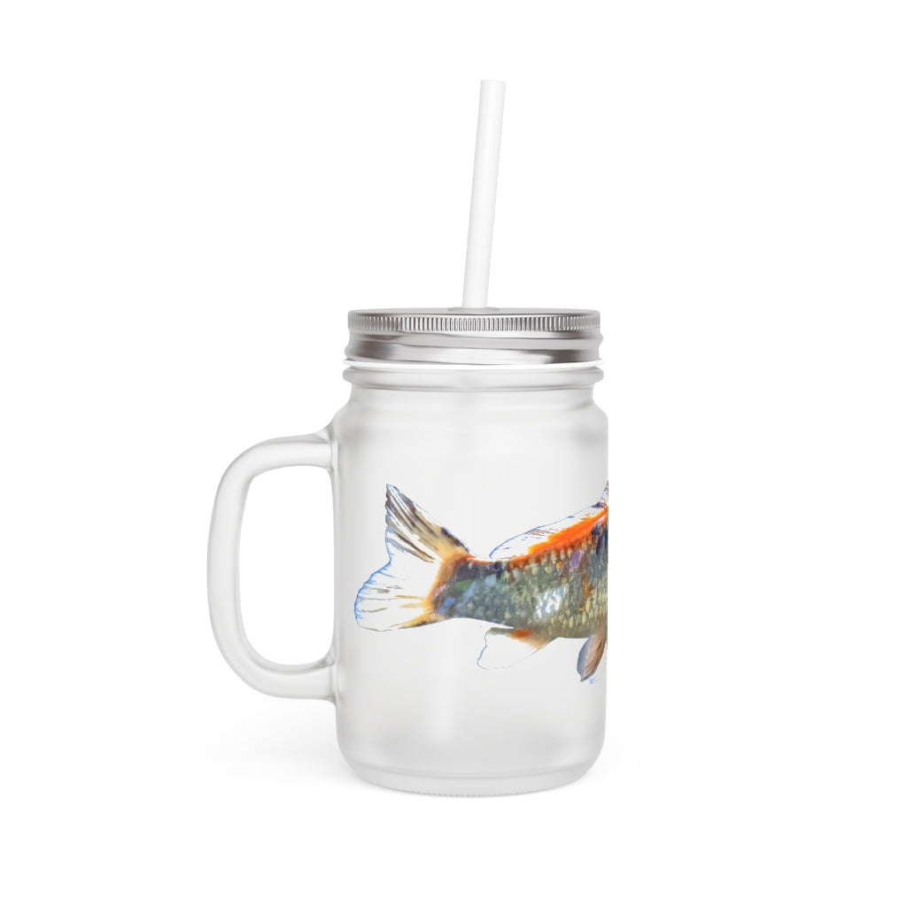 A stylish Koi Fish Mason Jar made of frosted glass, featuring a straw and lid, perfect for drinks.