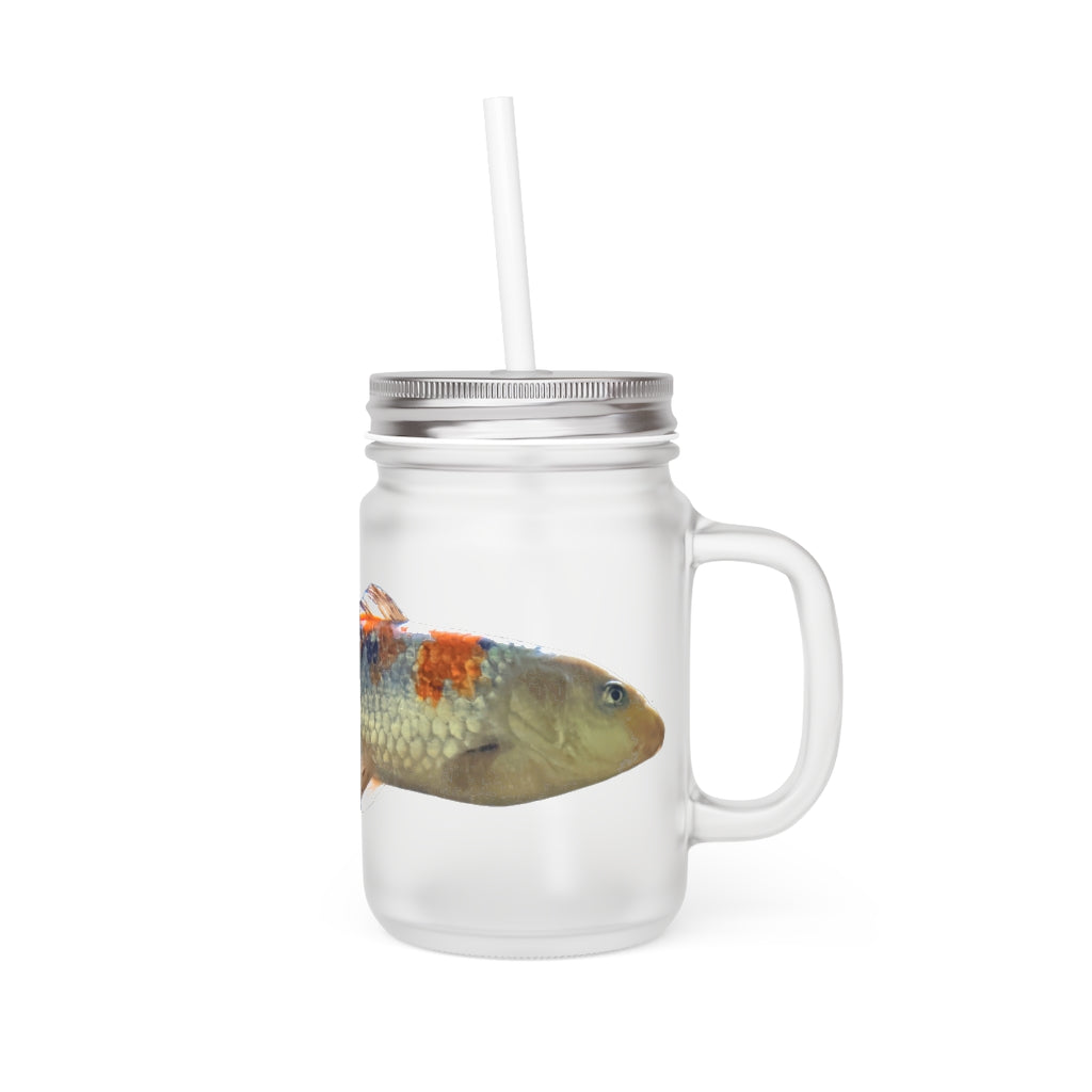 A stylish Koi Fish Mason Jar made of frosted glass, featuring a straw and lid, perfect for drinks.