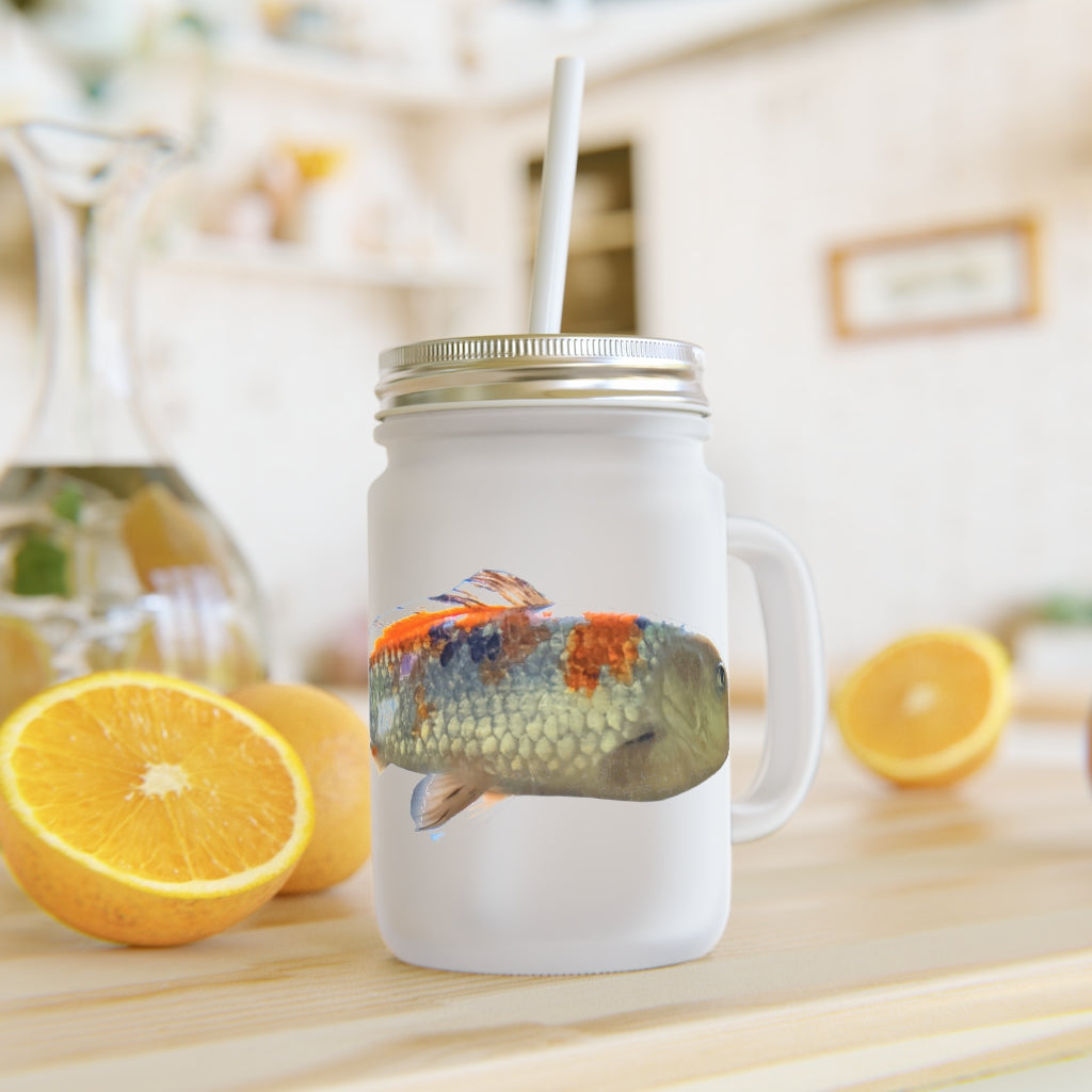 A stylish Koi Fish Mason Jar made of frosted glass, featuring a straw and lid, perfect for drinks.