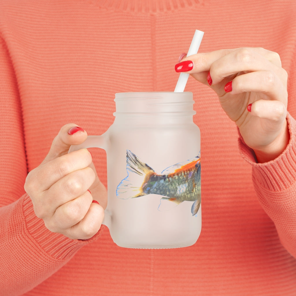 A stylish Koi Fish Mason Jar made of frosted glass, featuring a straw and lid, perfect for drinks.