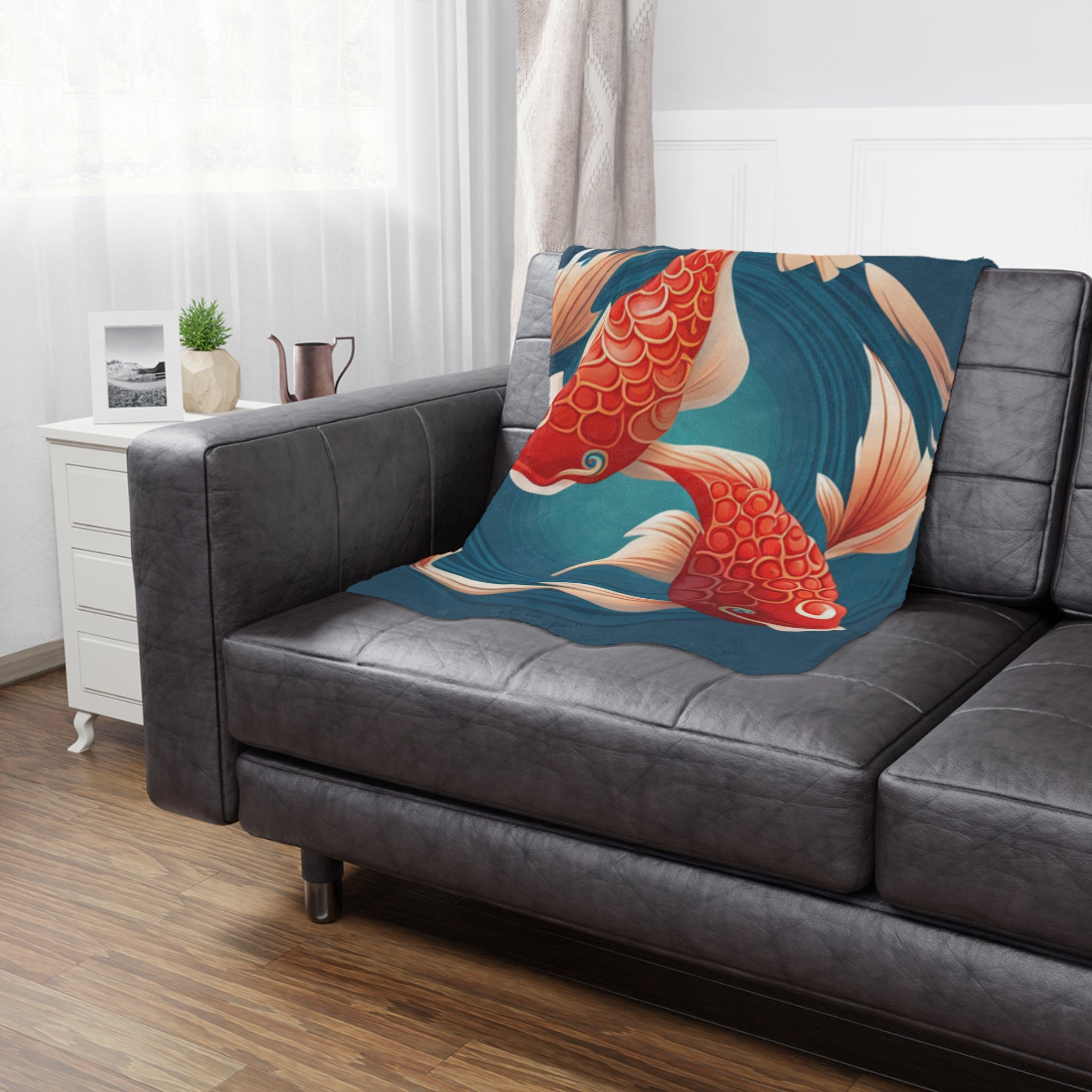 A cozy Koi Fish Minky Blanket featuring a vibrant one-sided print of colorful koi fish on a soft micro-fleece fabric.