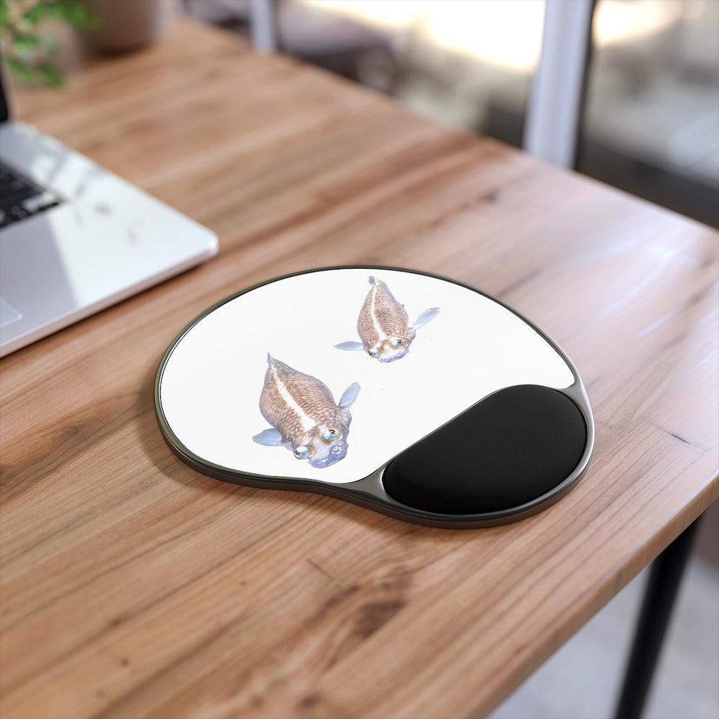 Koi Fish Mouse Pad with ergonomic Memory Foam wrist rest, featuring a vibrant design and a foot-shaped black plastic base.