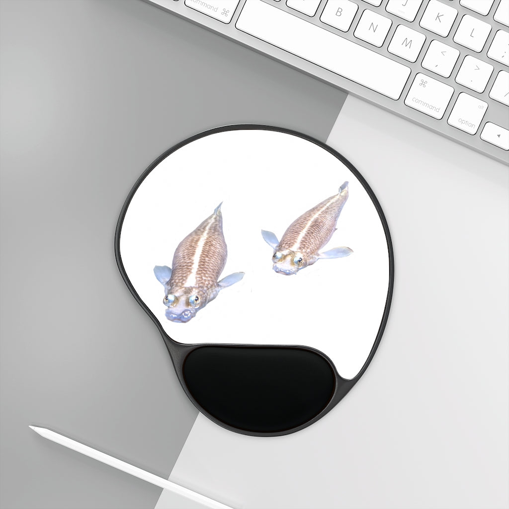 Koi Fish Mouse Pad with ergonomic Memory Foam wrist rest, featuring a vibrant design and a foot-shaped black plastic base.