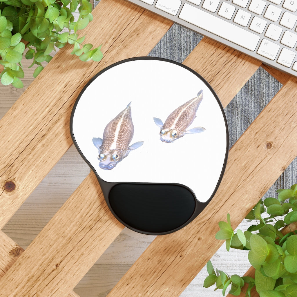 Koi Fish Mouse Pad with ergonomic Memory Foam wrist rest, featuring a vibrant design and a foot-shaped black plastic base.