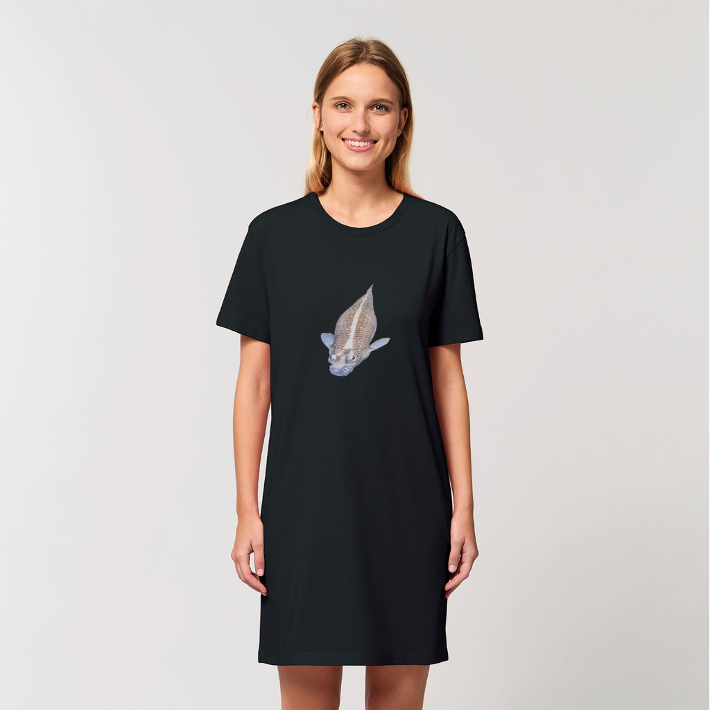 Koi Fish Organic T-Shirt Dress made from 100% organic cotton, featuring a vibrant Koi fish design and comfortable fit.