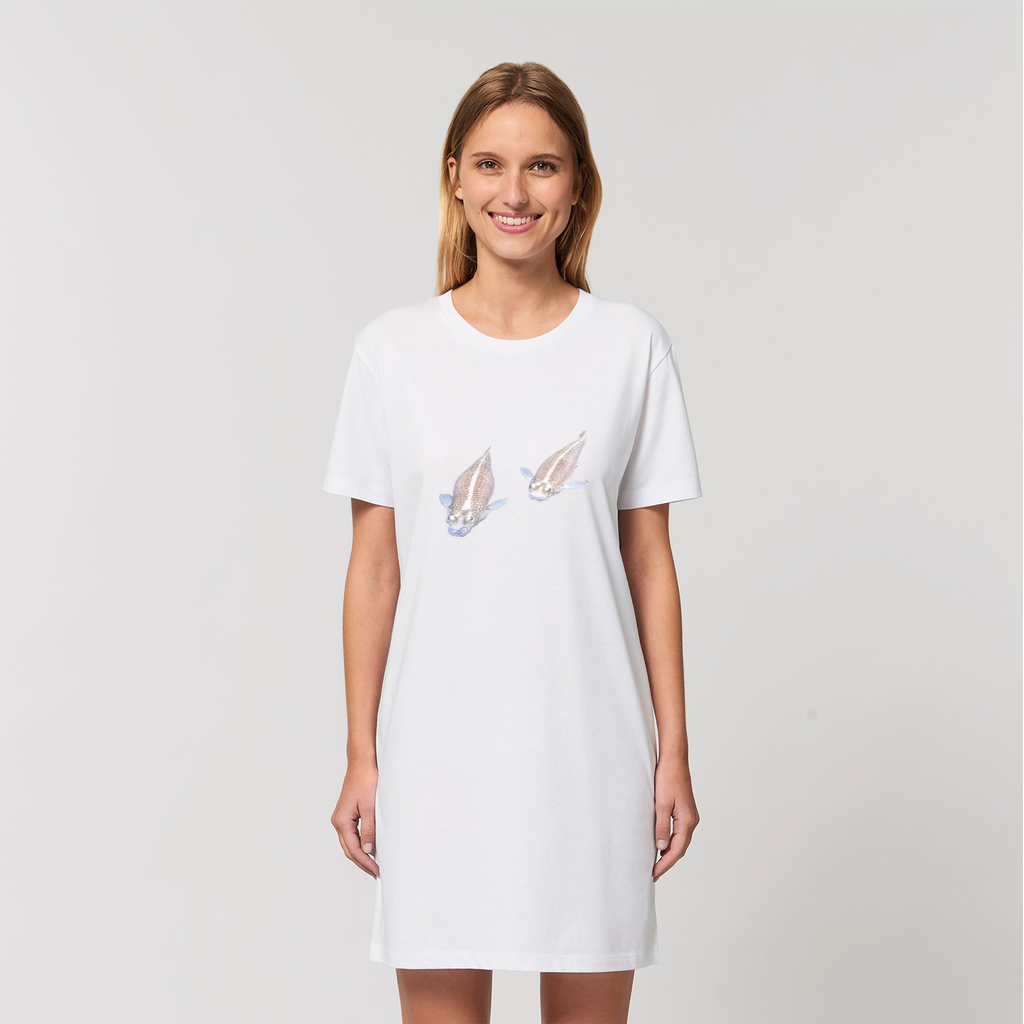 A stylish Koi Fish Organic T-Shirt Dress made from 100% organic cotton, featuring a vibrant Koi fish design and set-in sleeves.