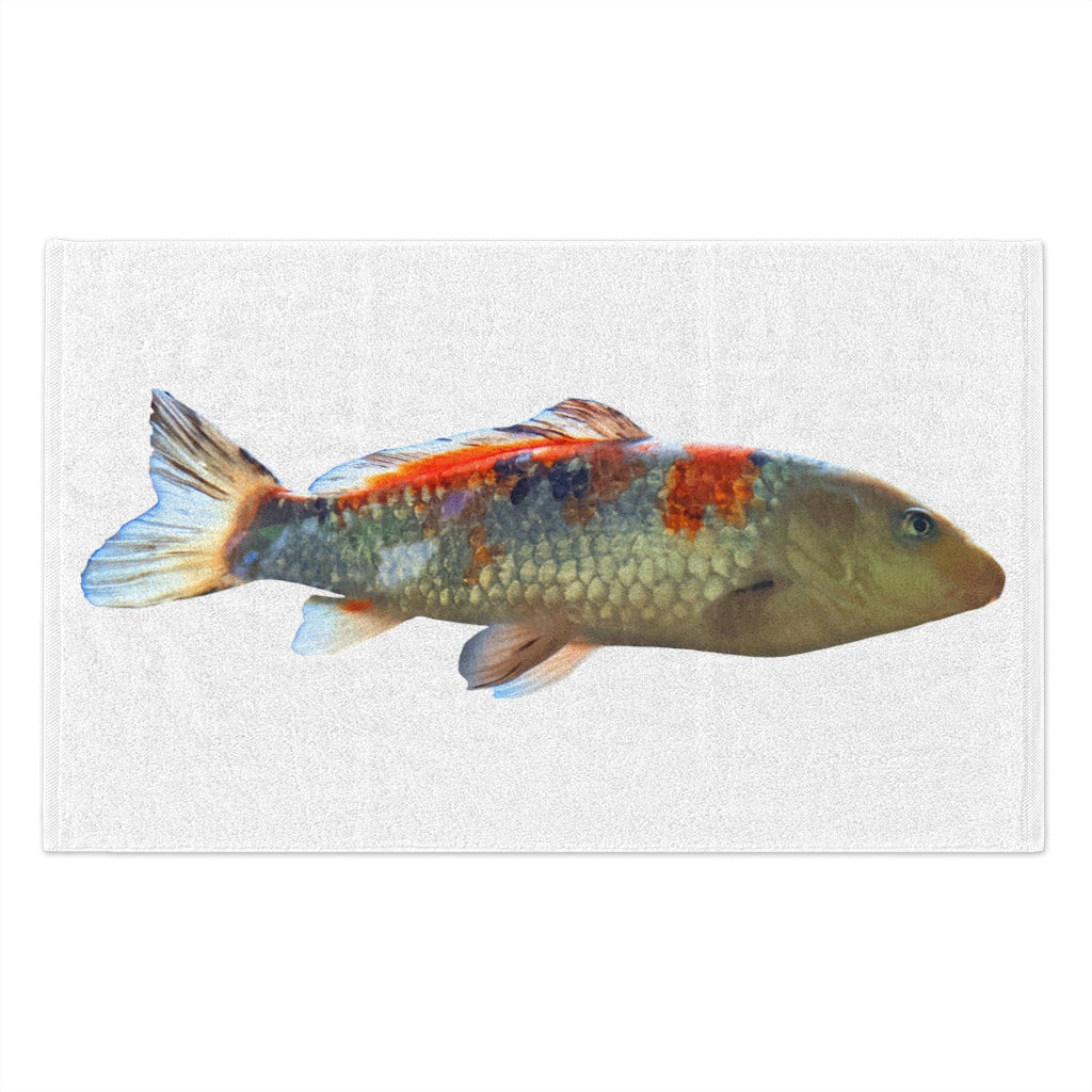 Koi Fish Rally Towel featuring a vibrant design, measuring 11x18 inches, made of soft polyester and absorbent cotton.