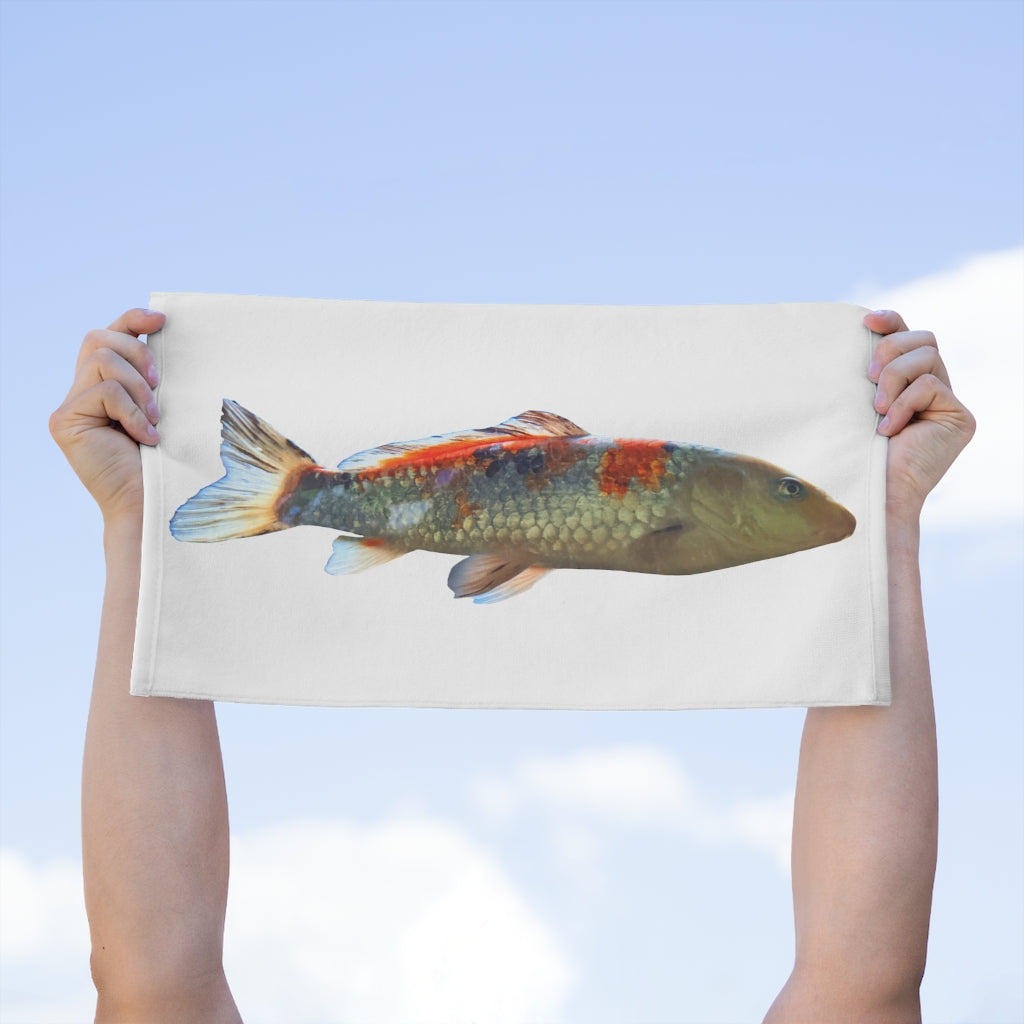 Koi Fish Rally Towel featuring a vibrant design, measuring 11x18 inches, made of soft polyester and absorbent cotton.