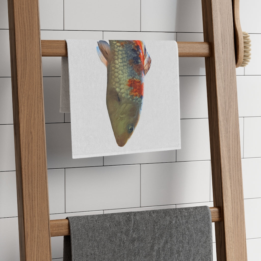 Koi Fish Rally Towel featuring a vibrant design, measuring 11x18 inches, made of soft polyester and absorbent cotton.